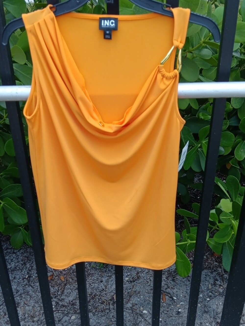 INC International Concepts Yummy Vibrant Apricit V-Neck Top with Gold Accent